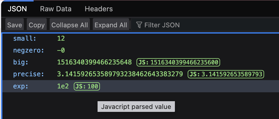 Firefox JSON viewer showing a JSON file with multiple items, some of them having a special badge prefixed with JS.
For example, there's a `big: 1516340399466235648` property, and next to it a badge with: `JS:1516340399466235600`
A tooltip is displayed with the text: "Javascript parsed value"